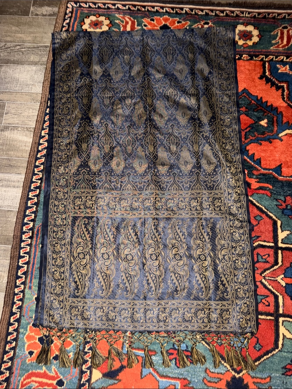 Vintage Banarasi Kani Silk Brocade Dupatta Scarf Shawl Blue Gold Zari
